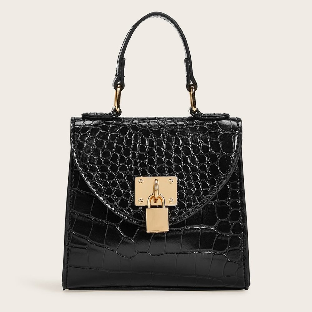 Black Croc Mini Satchel 🖤 Chain & Top Handle Bag ✨ Metal Lock Chic